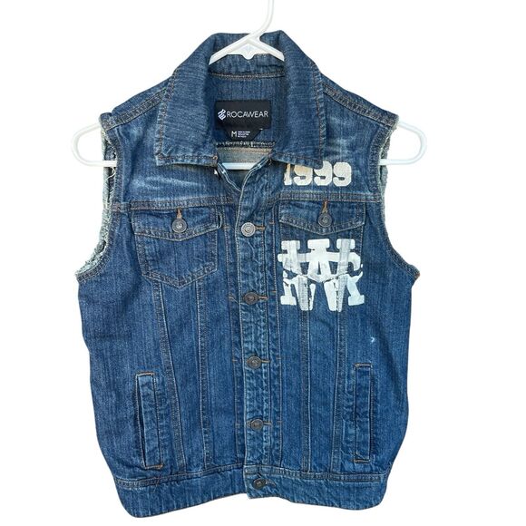 Rocawear Jean Vest Mens Medium Cotton Y2K Raw Hem Button Up Denim Logo - Picture 1 of 15